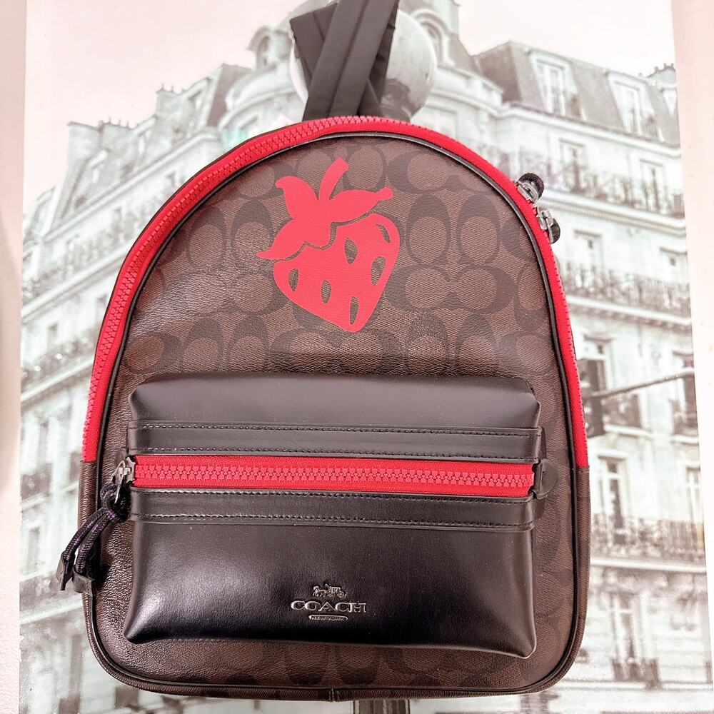 Coach F78252 Medium Charlie Backpack in Signature Canvas With Strawberry Motif